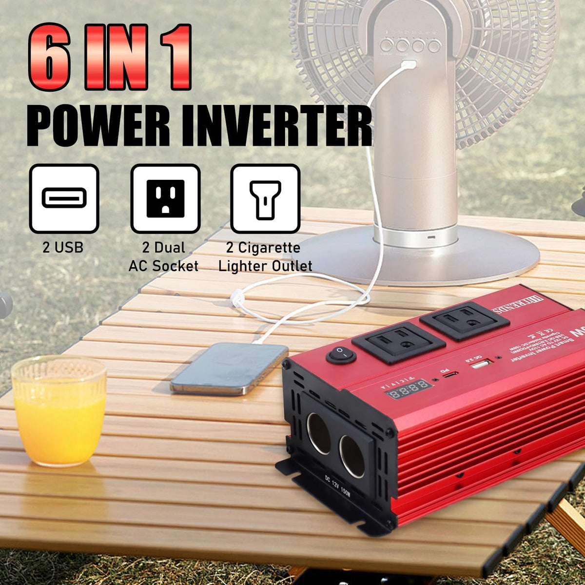 HITRENDS 600W Car Inverter, 12V DC to 110V AC, with 2 AC outlets, USB QC (18W) and Type-C (30W), Perfect for Camping, RVs, laptops, CE, FCC, ROHS Certified