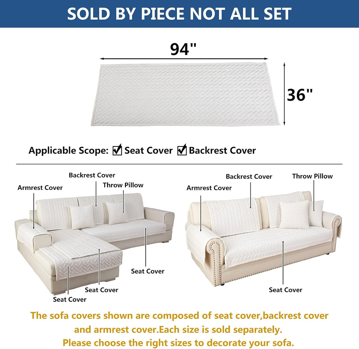 Eismodra Couch Cover,Sectional Couch Covers,Sofa Covers for 3 Cushion Couch,Anti-Slip Sofa Slipcovers for Dogs Cats Kids Loveseat Recliner L Shaped Armrest Backrest,White 36''x94''(Only 1 Piece)