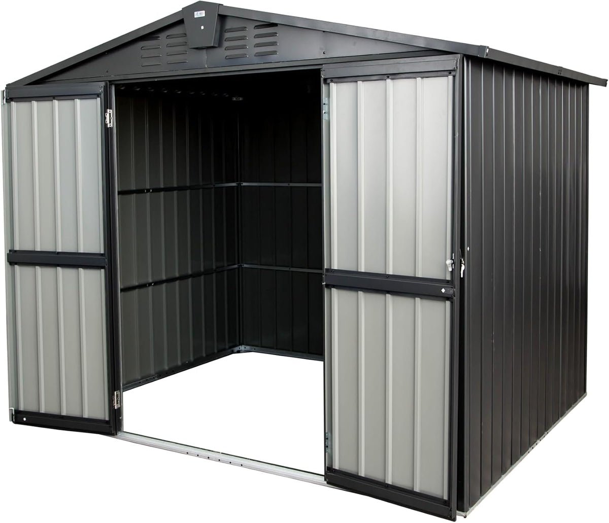 IKERY Galvanized Steel Storage Shed - 8.2' x 6.2' with Lockable Door, Large Metal Garden Shed for Bikes, Trash Cans and Outdoor Storage, Suitable for Backyard and Patio, Dark Gray