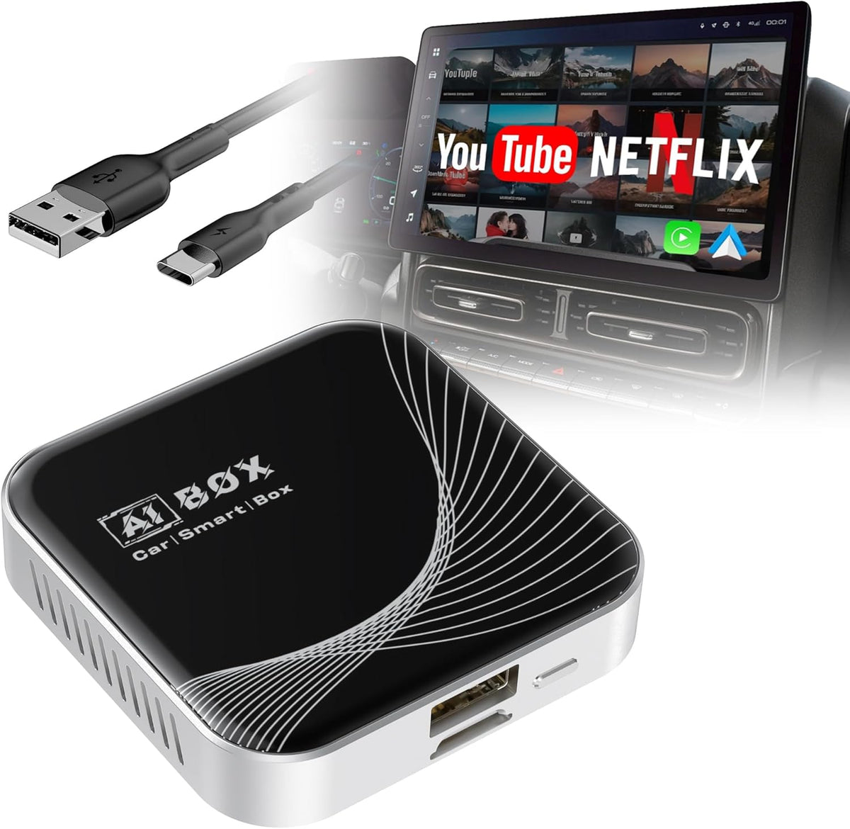 3-in-1 Wireless CarPlay Adapter & Android Auto Wireless Adapter, Plug & Play, Easy Setup, Supports Netflix, YouTube, TF Card, and More for Cars with OEM Wired CarPlay/Android Auto