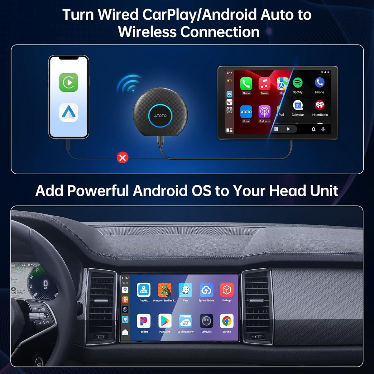 Ai Box Carplay/Android Auto Wireless Adapter, Android 13 6-in-1 Ai Box,4G LTE Card, GPS, DriveChat, Dual Bluetooth/WiFi, 4GB+64GB, Plug & Play for 2016+ Wired CarPlay, CB6A 2025 (CB6A-BK)