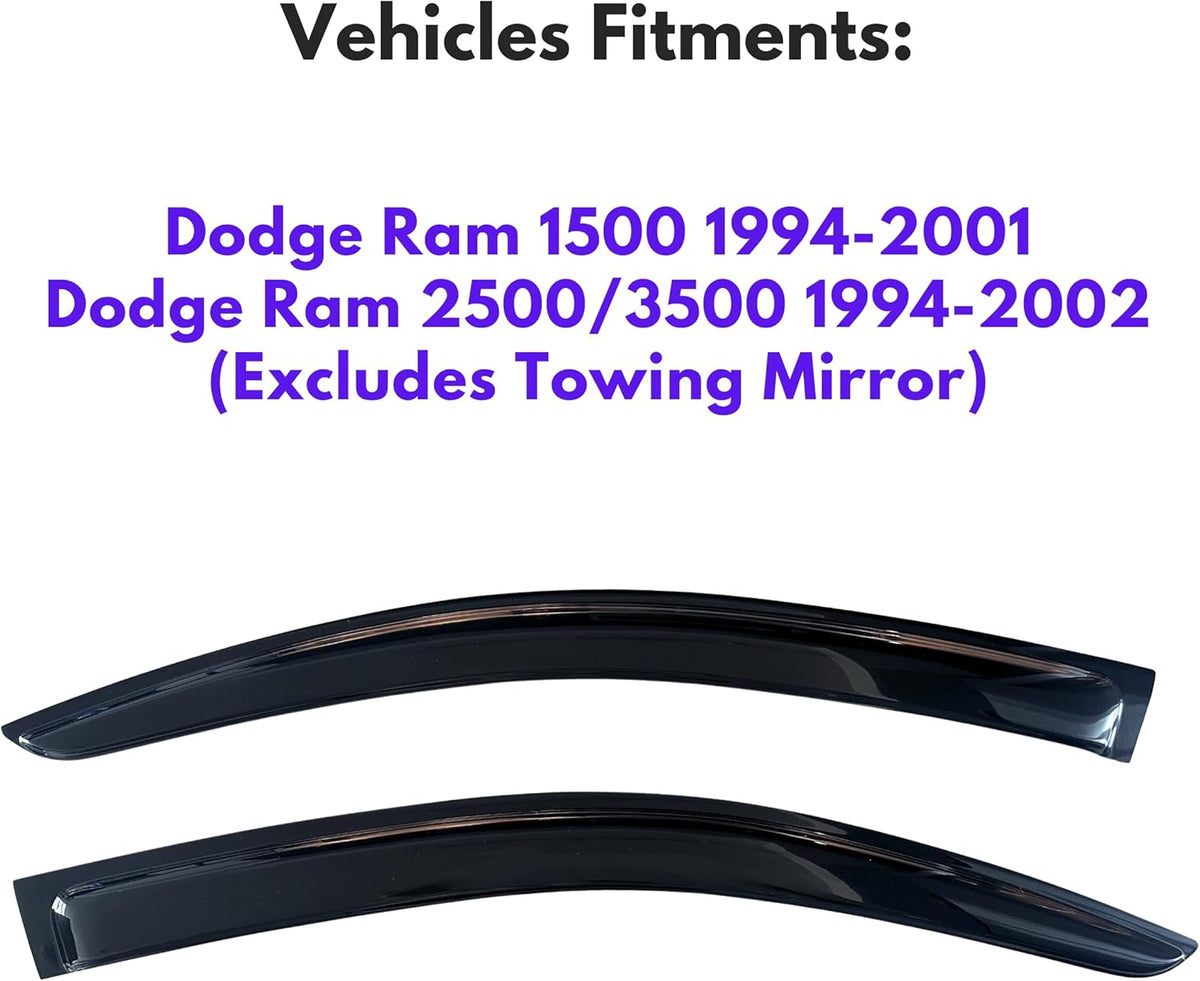 KPY Window Visor Compatible with Dodge Ram 1500 1994-2001 & Dodge Ram 2500/3500 1994-2002 (Excludes Towing Mirror), Rain Guard Side Window Vent Deflectors Tape-On Style, 1995 1996 1997 1998 1999 2000