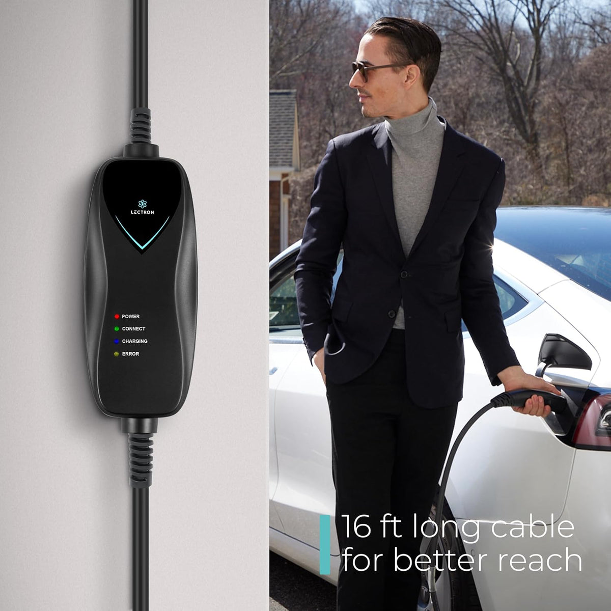 Lectron Level 1 Tesla Charger (WiFi) - 110V, 15A, NEMA 5-15 Plug, 16 ft Cord - Portable Electric Car Charger for Tesla & NACS Evs
