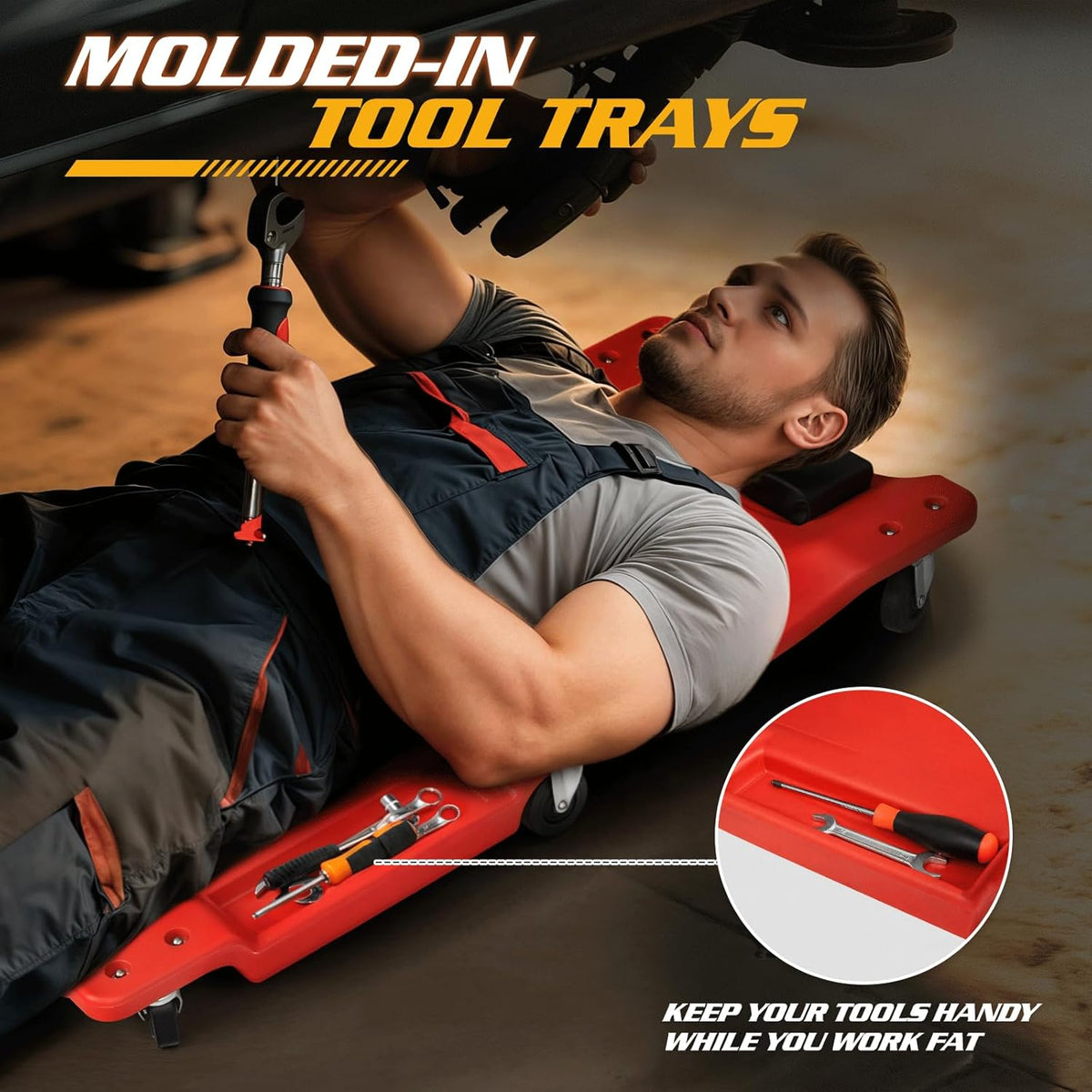 Magshion Mechanic Creeper with Padded Headrest and Tool Tray, 330 lbs Capacity Rolling Garage Shop Creeper with 6 Wheels, Lightweight and Portable Automotive Creeper (Red)