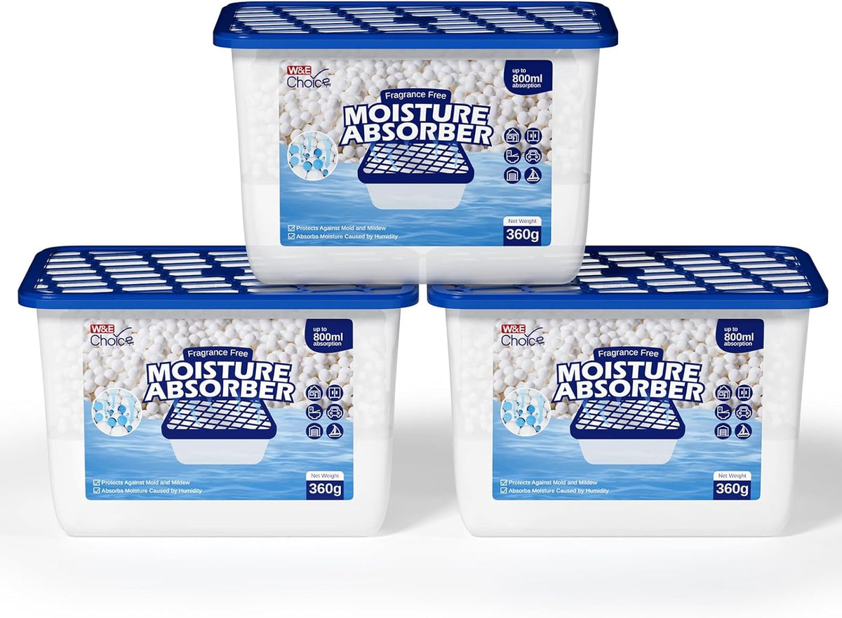 W&E Choice Moisture Absorbers, Fragrance-Free Dehumidifier Boxes for Home, Bathroom, Closet, RV & Car, 3 Pack 12.7 OZ