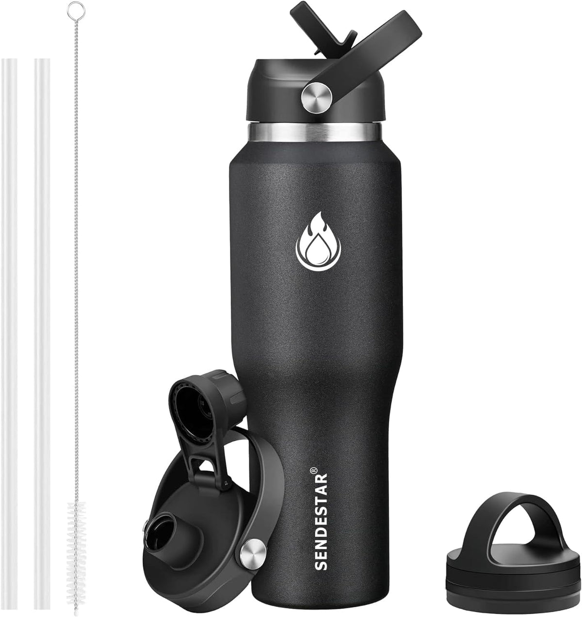 SENDESTAR 40oz Stainless Steel Water Bottle(Cold for 48 Hrs, Hot for 24 Hrs),Double Wall Vacuum Insulated Bottle with Straw Lid, Spout Lid and Flex Cap, Fit in Any Car Cup Holder,Black