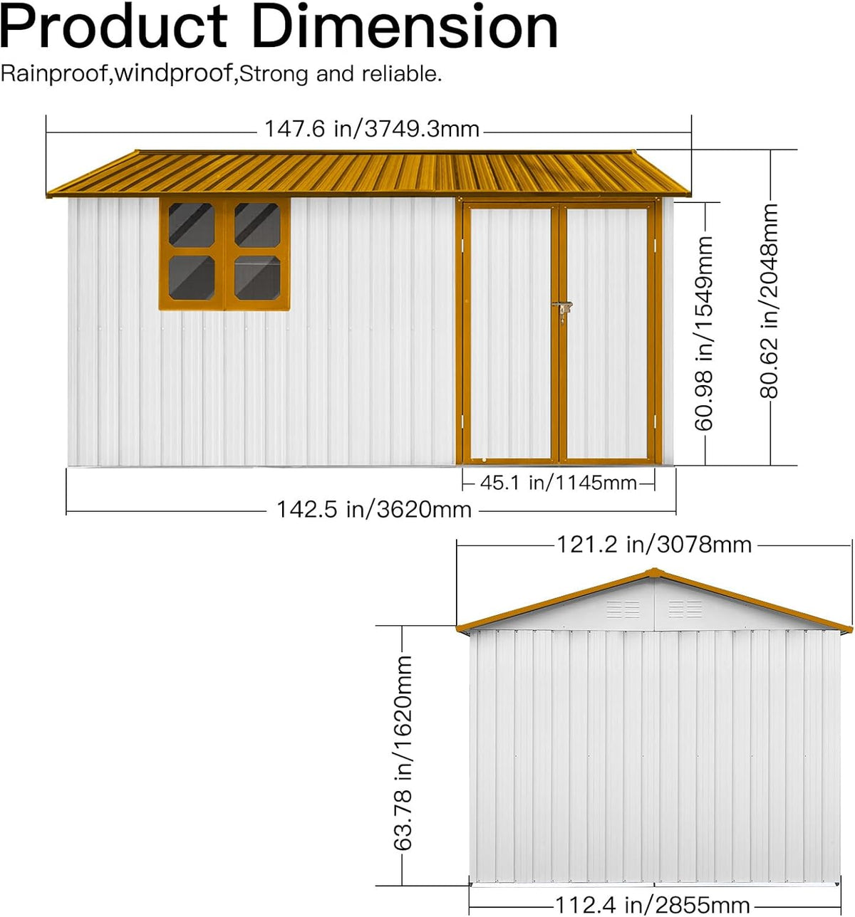 10x12 FT Outdoor Storage Shed, Large Metal Garden Shed with 4-pane Window, Outside Tool Shed with Lockable Hinged Door & 4 Air Vent, Waterproof Storage Building for Backyard, Patio, Lawn, White+Yellow