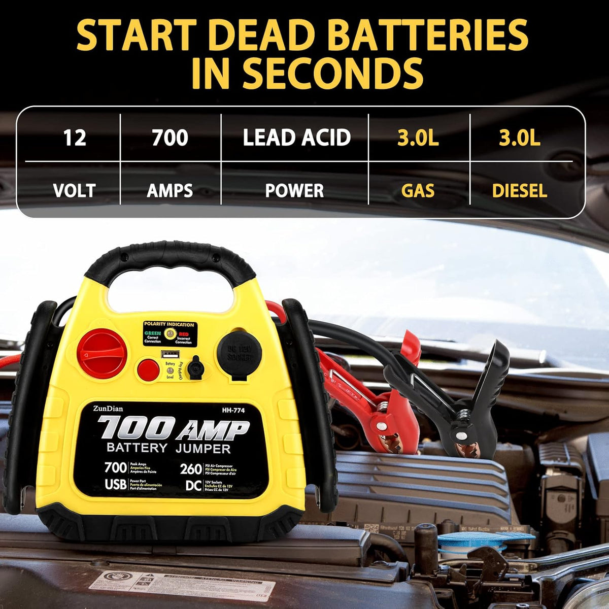 Jump Starter with Air Compressor 260PSI, 1000A Portable Car Jump Starter, 4-in-1 Battery Booster Pack for Vehicles(3L Gas/Diesel), Safety Jumper Cable with USB/DC Port