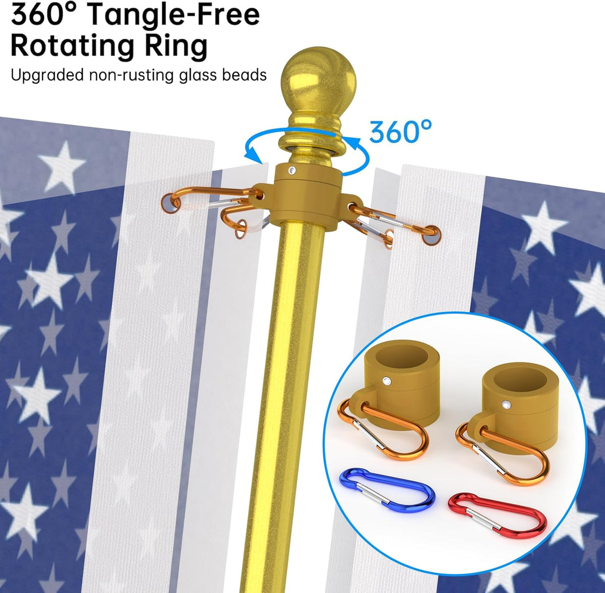 ZMTECH Flag Pole - Upgraded Bracket, 6 FT Stainless Steel Flag Poles for Outside House, Residential or Commerical, Tangle Free Flag Pole Kit for American Flag (Without Flag, Gold)