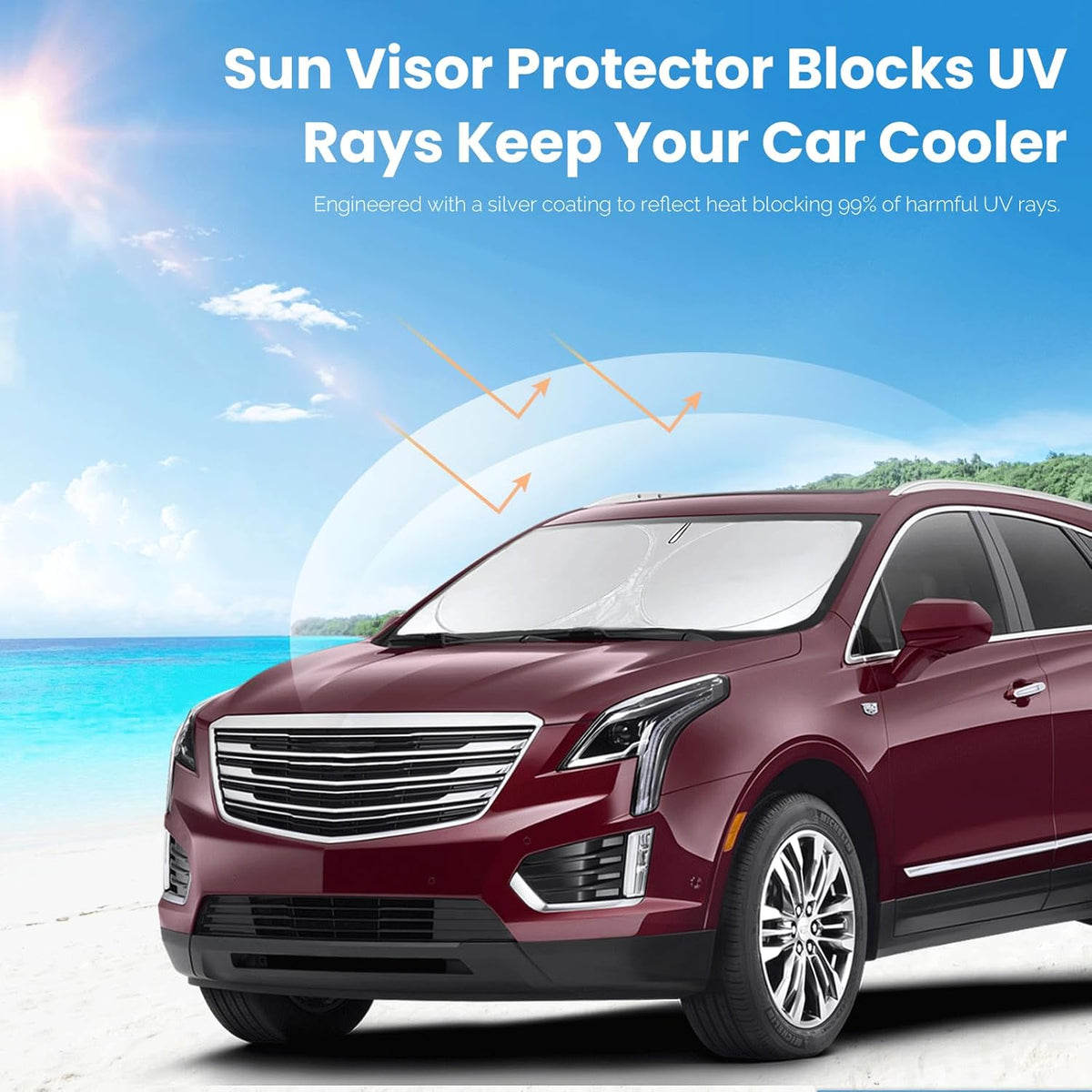 Custom fit Cadillac XT5 Windshield Sunshade for 2017-2023 2024 2025 Cadillac XT5 Accessories Front Window Car Shades Cover for Windshield Sun Visor Screen Protector 210T Reflective Blocks UV Rays