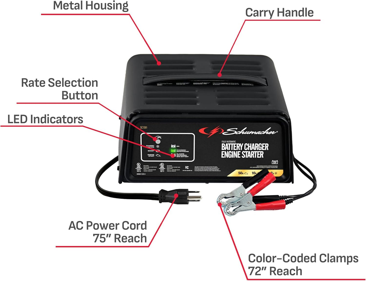 Schumacher Electric 50A 12V Car Battery Charger, Engine Starter & Maintainer - Fully Automatic Battery Charger for Cars, Trucks & RVs - 6A Charge/ 2A Maintain & 10A Boost Modes - SC1361