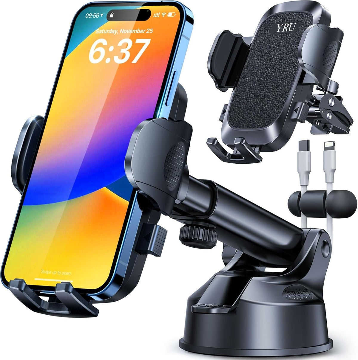 [2025 Upgrade Extreme Strong Suction] YRU Car Phone Holder Mount,[Bumpy Road Stable]Dashboard Cell Phone Holder for Car Vent Windshield Phone Stand for iPhone 16 15 14 13 Pro Max Samsung Truck, Black