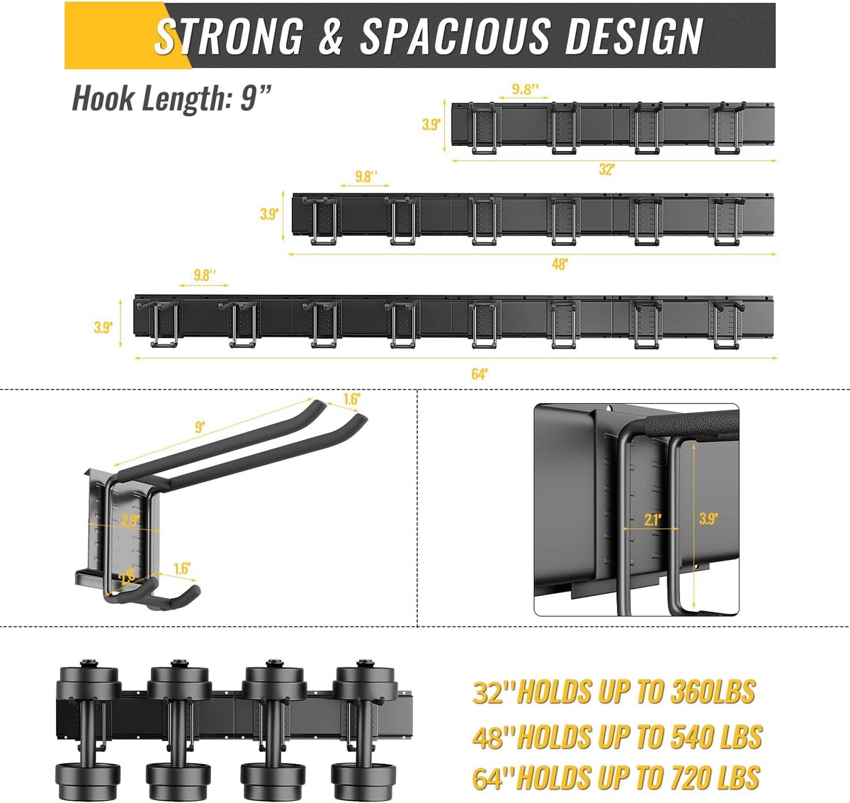 Garage Tool Rack Wall Mount – 64 inches Heavy-Duty Garden Tool Holder with 8 Adjustable Hanging Hooks – Garage Wall Storage Organizer for Shovel, Rake – Max Load 720 lbs (64 inch)