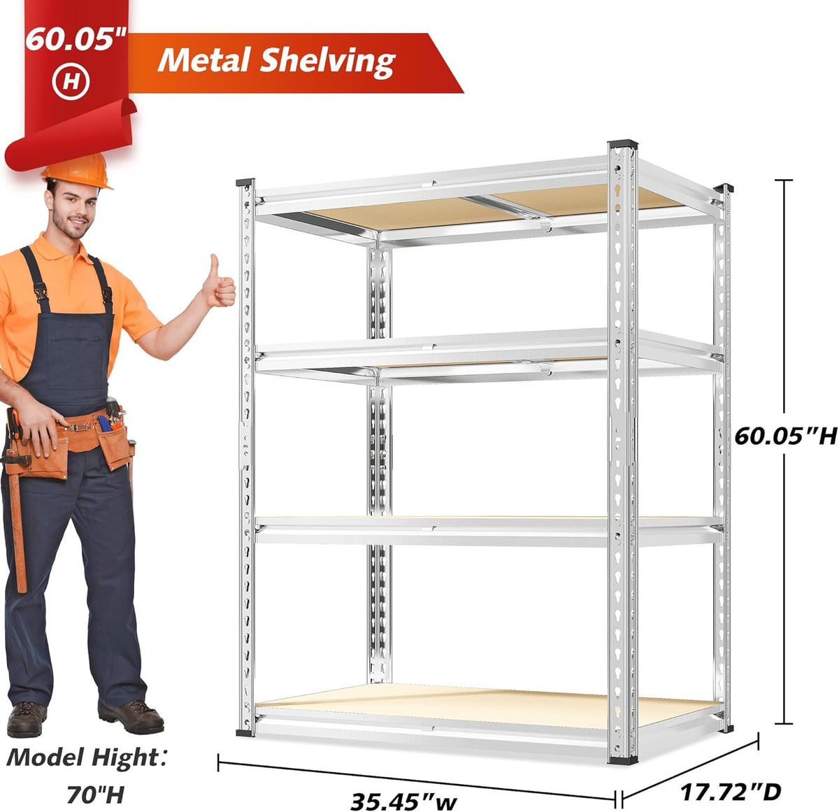 REIBII 60.05" H Storage Shelves 1840LBS Garage Shelving Heavy Duty Shelving 4 Tier Garage Shelves Adjustable Metal Shelf for Kitchen Basement Pantry Warehouse 35.45" W x 17.72" D x 60.05" H