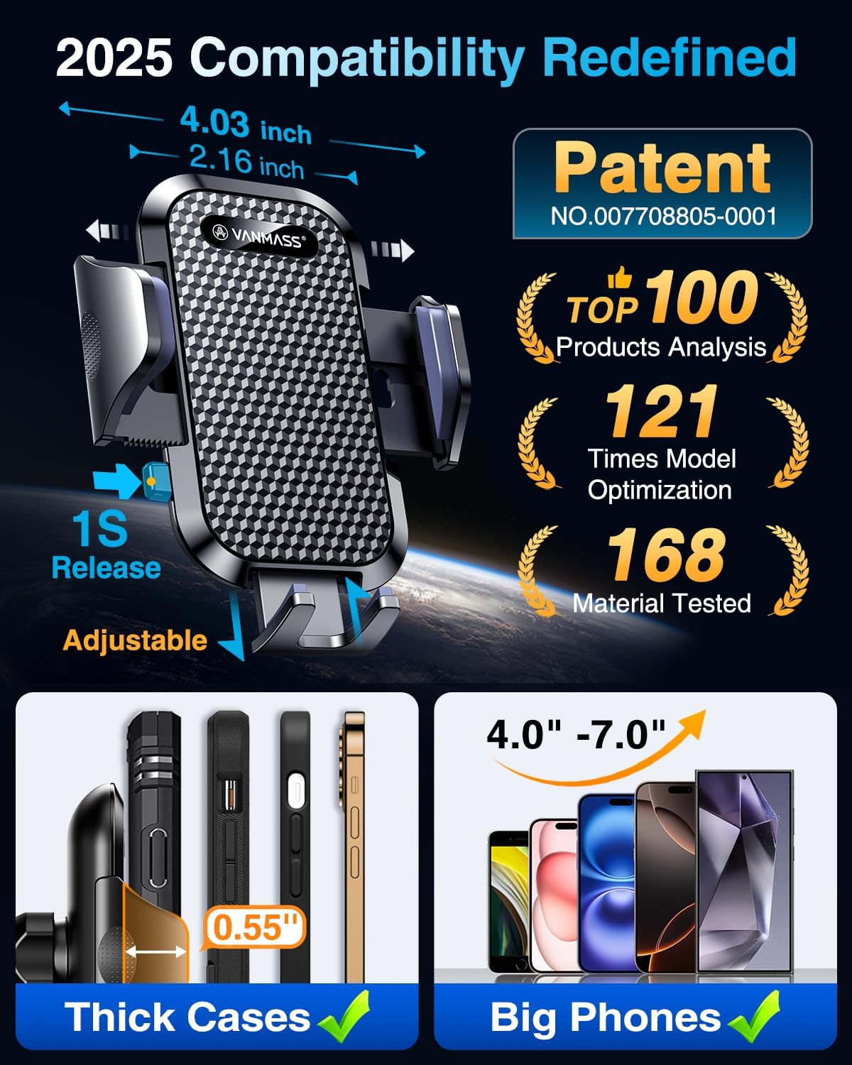 VANMASS Car Phone Holder 2025 Military-Grade Phone Holder for Your Car Windshield Dashboard【 65 Lbs Strongest Suction】【Patent & Safety Certs】 Universal Cell Phone Car Mount for iPhone Samsung Android
