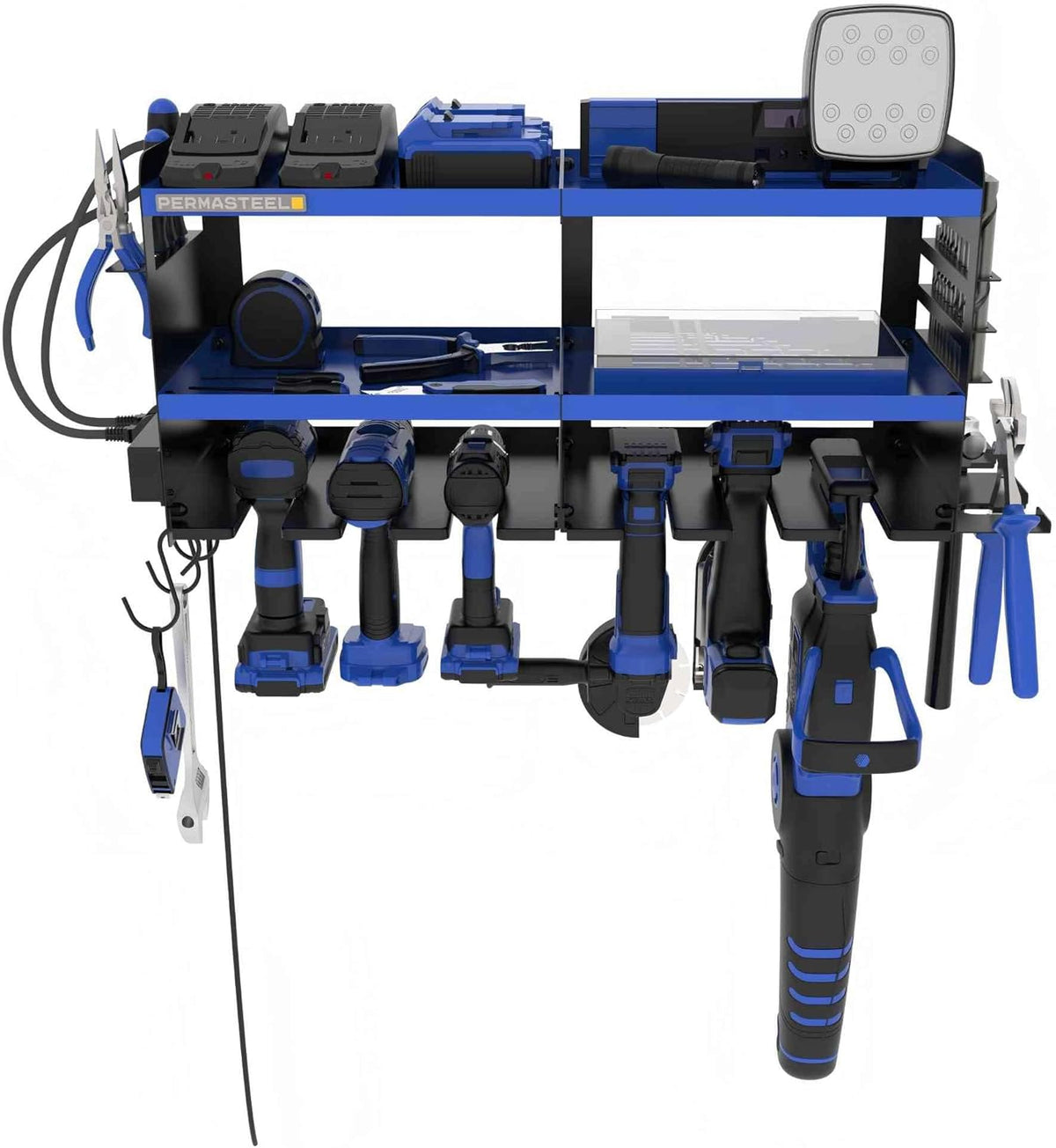 Permasteel Power Tool Organizer Wall Mount - 150 Lbs Load 3-Layer Heavy Duty Metal Storage Rack with Charging Station, Holds 6 Drills, 9 Hand Tools and 16 drill bits for Garage and Workshop, Blue