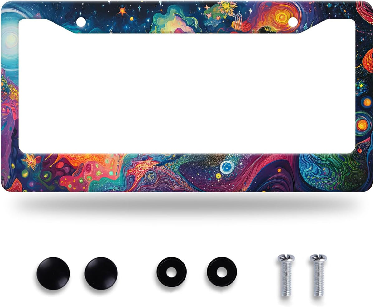 Abstract Galaxy License Plate Frame Starry Sky License Plate Stainless Steel Funny License Plate Holder for Men Women Colorful Car Accessories Decoration 12.3" x 6.3"