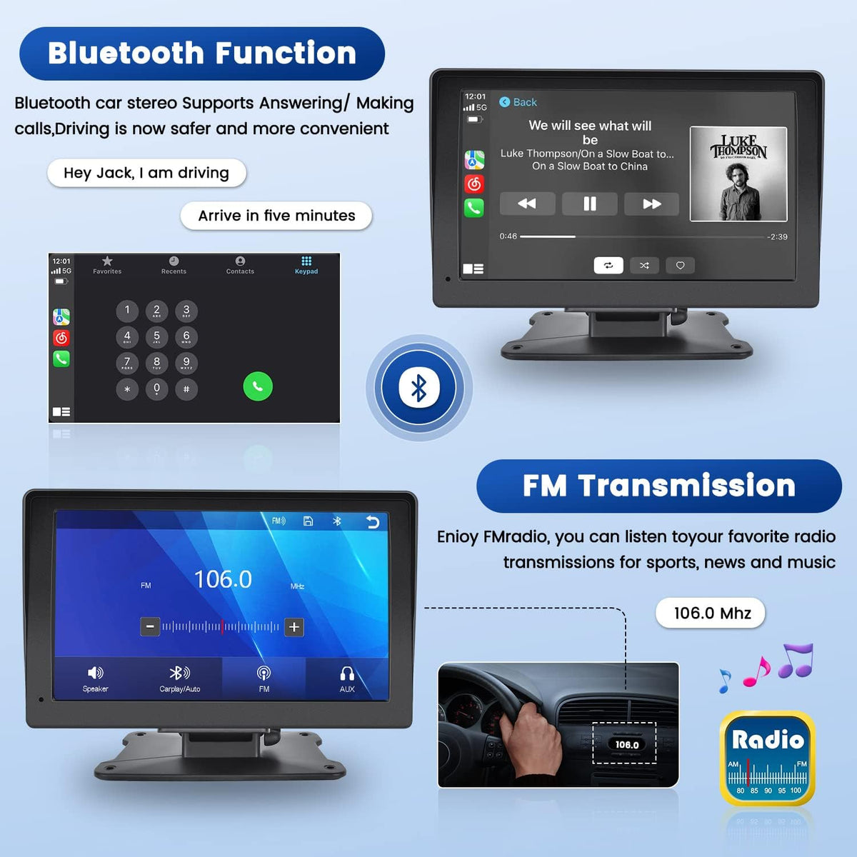 Portable Carplay Screen for Car, 7" Wireless Carplay & Android Auto with Bluetooth, GPS Navigation, Siri, FM, AUX, Mirror Link for All Vehicles