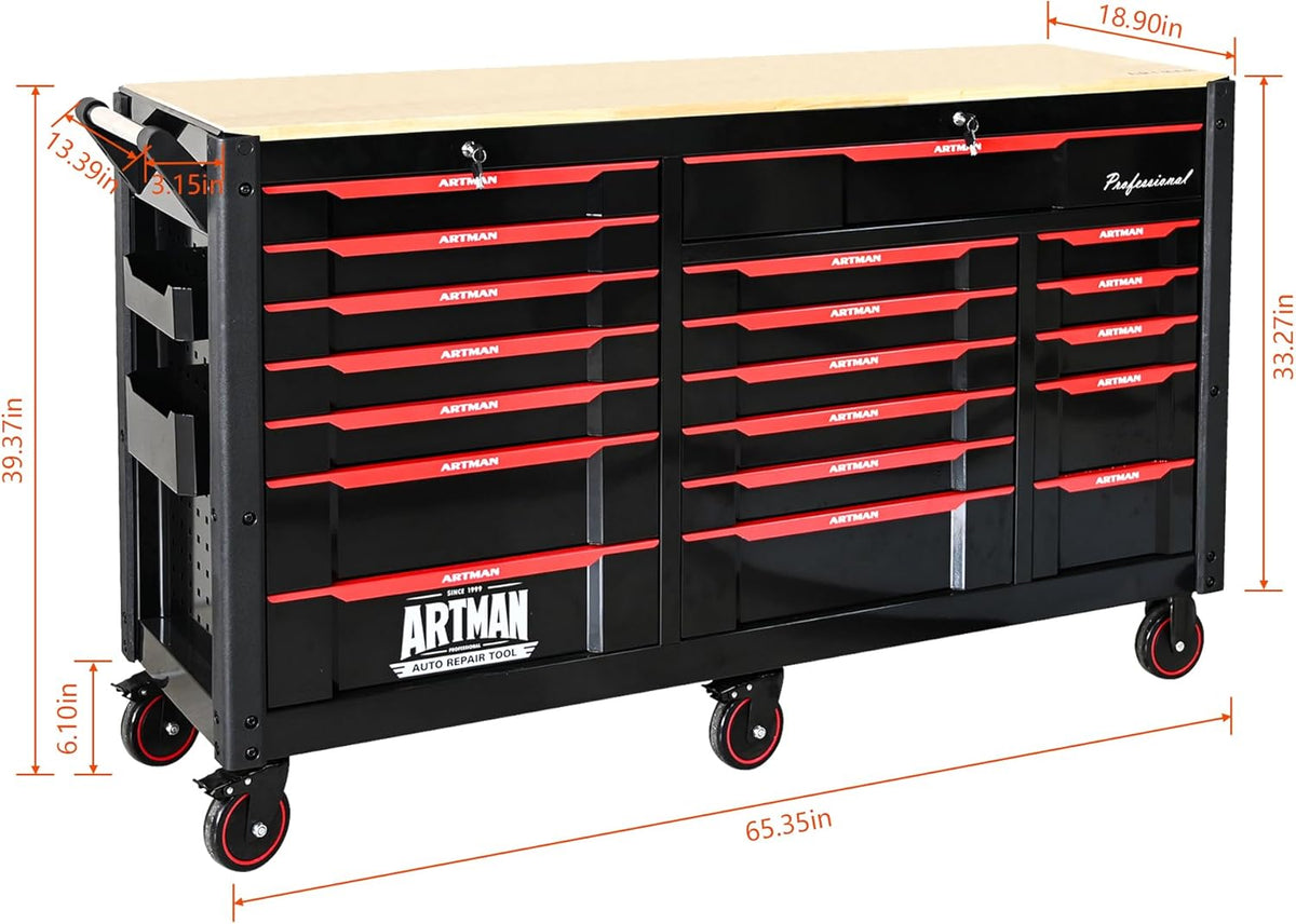 72-Inch Garage Cabinets and Storage System with 19 Drawers Rolling Tool Chest Large Mobile Workbench Heavy Duty Wood Top Tool Cart on Wheels for Garage, Workshop, Warehouse, Laboratory