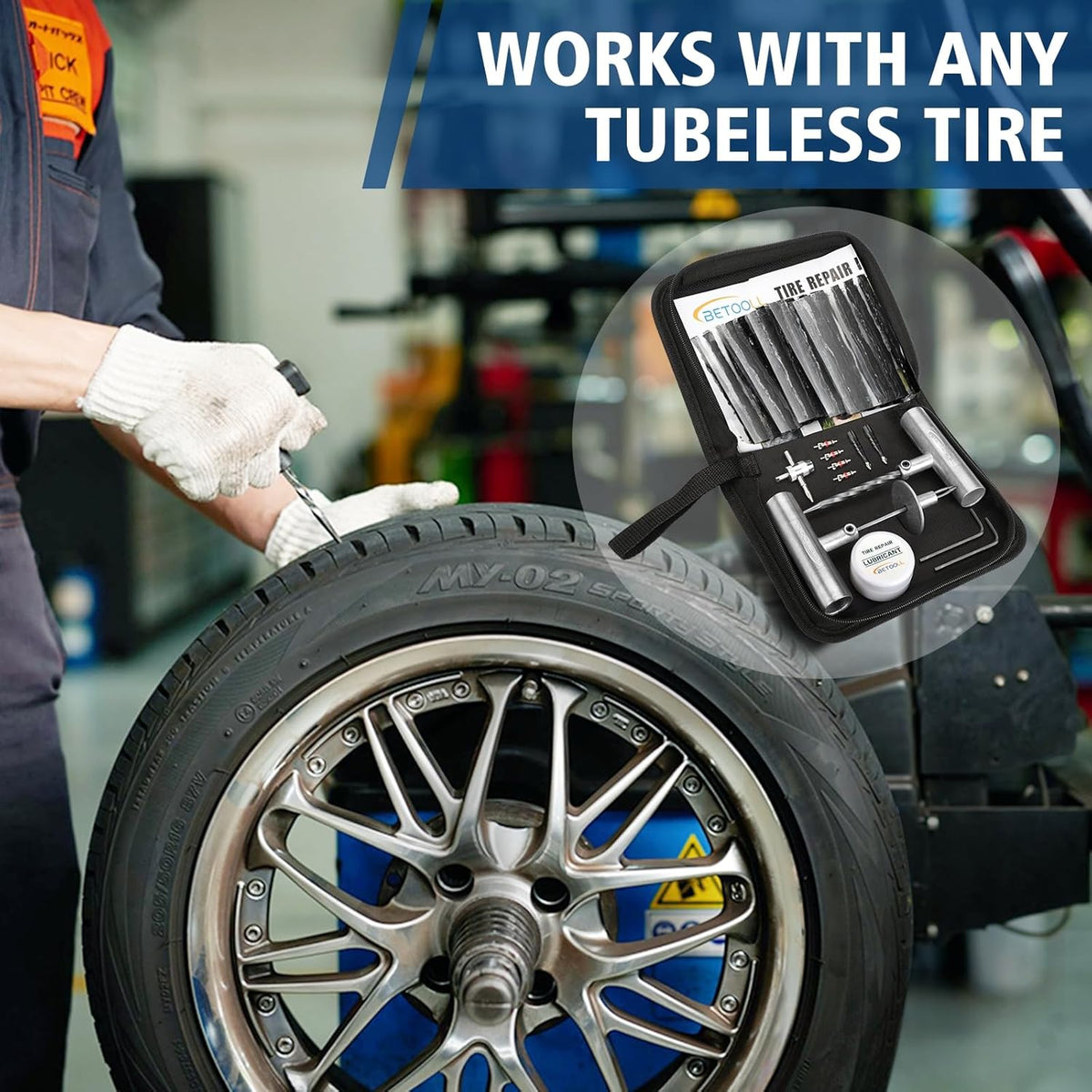 BETOOLL Tire Repair Kit, 44 Pcs Professional Heavy Duty Universal Emergency Flat Tire Repair Kit to Fix Punctures, for car Motorcycle, Truck, Golf Cart, ATV, Tractor, ARB, RV, SUV, Trailer etc.
