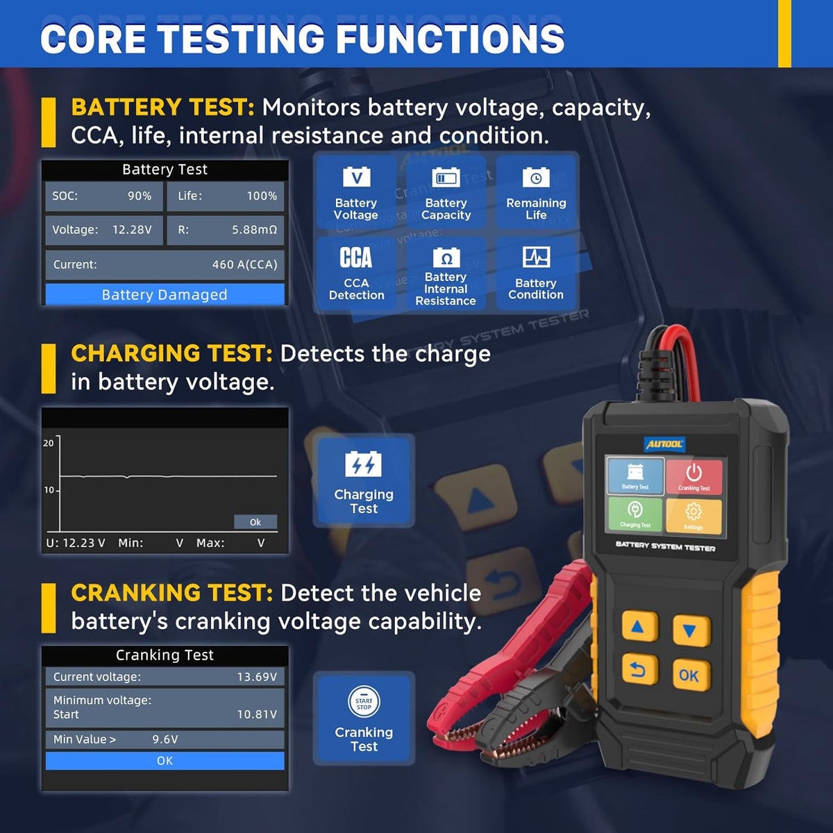 AUTOOL Car Battery Tester 12V 24V Battery Load Tester 30-2000 CCA Automotive Battery Tester, Cranking Charging System Analyzer, Color Screen Data Review Reverse Polarity Protection