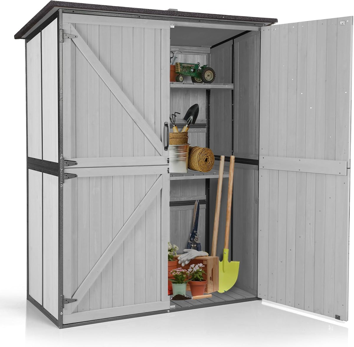 Aivituvin Storage Shed Outdoor Storage Cabinet Upgraded with All Arounded Metal Frame, Wooden Floor and Adjustable Shevels 55" L x 29" W x 67" H, Off-White