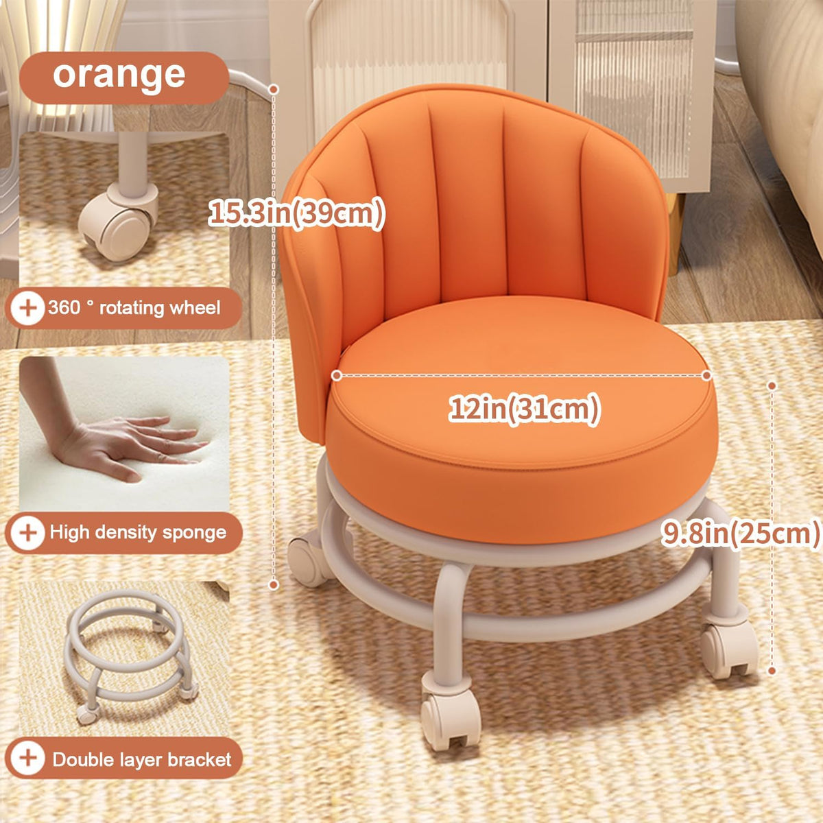Low Rolling Stool with Backrest,Rolling Pedicure Seat,Low Stool with Wheels for Home, Office, Garage, Shop, Library (Orange)