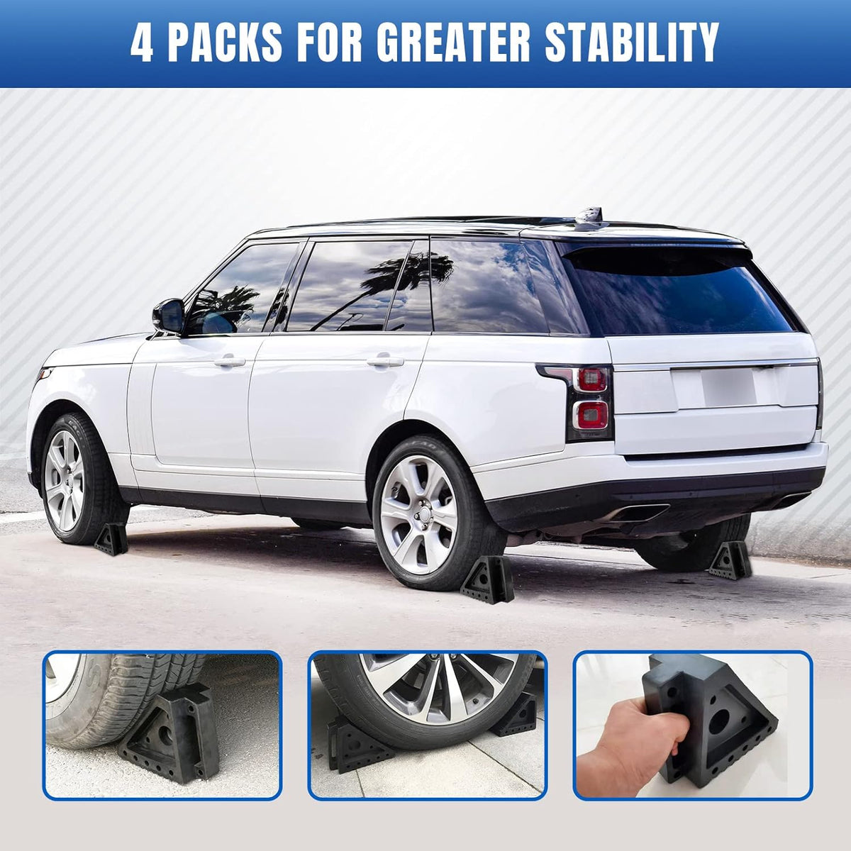 ROBLOCK 4 PCS Heavy Duty Rubber Wheel Chocks, Solid Durable Tire Chock for Car, Travel Trailers, RV, Truck, and ATV, 7.9" x 4" x 5.9", 4 Packs, Black