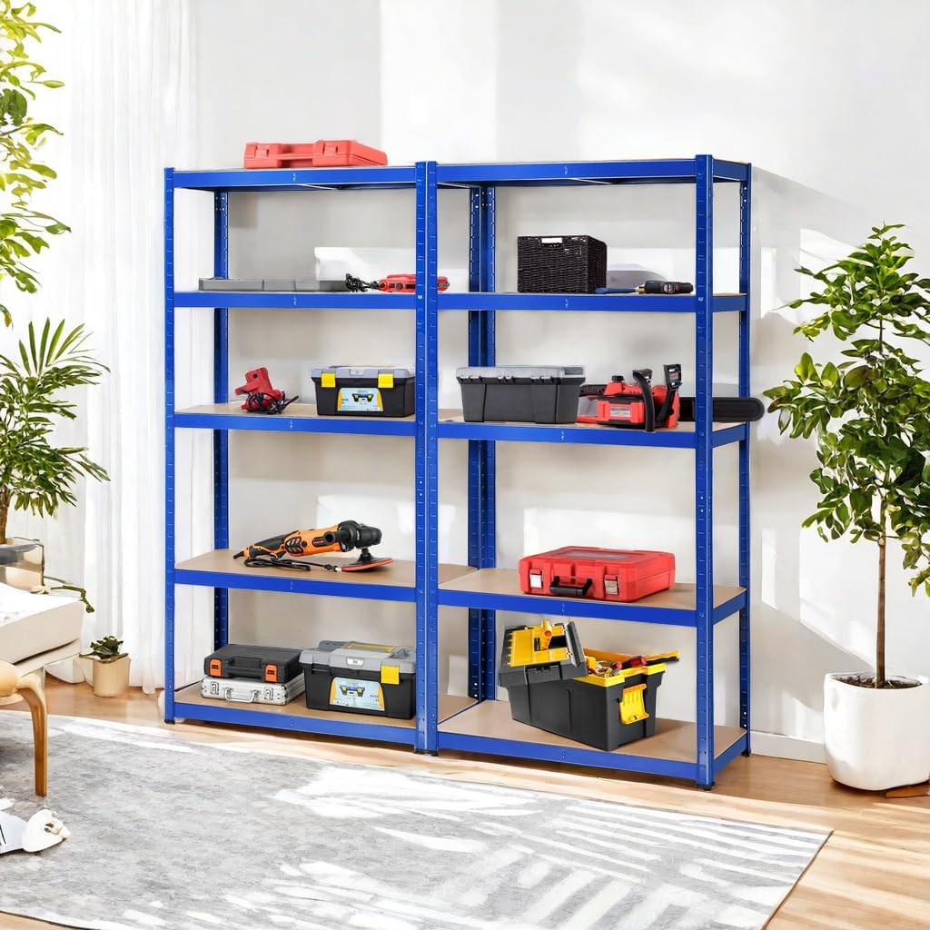 ERGOMASTER 5 Tier Utility Shelves Rack Garage Heavy Duty Steel Metal Shelving Unit with Adjustable Design, Bolt-Free Assembly & 380 LBS Wight Capacity Per Tier (Set of 2, Blue)