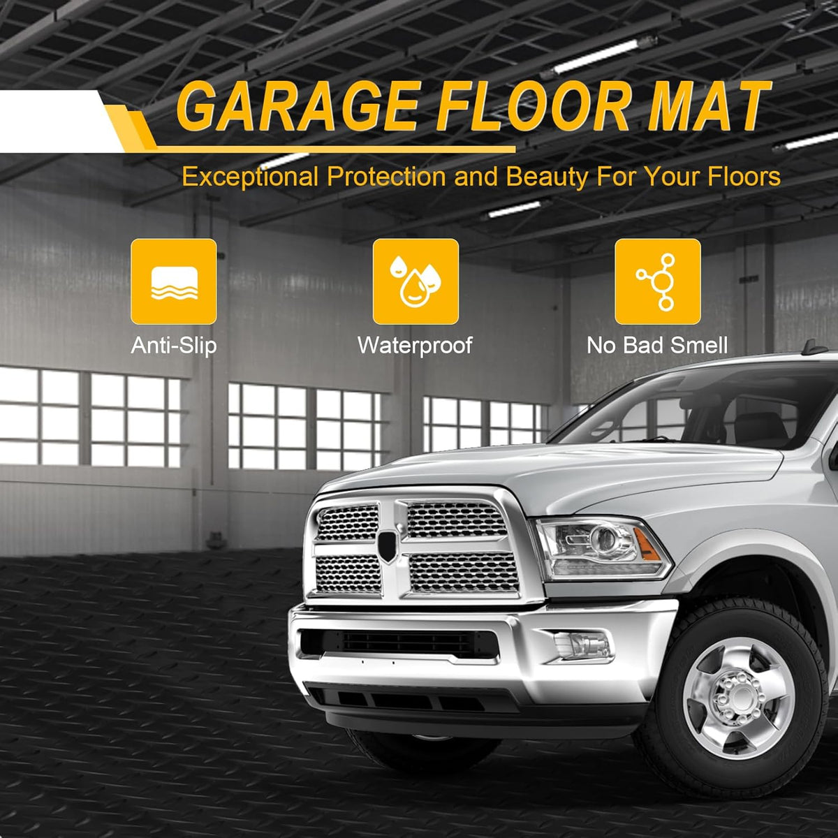 7.5x20 FT Garage Floor Mat, Flooring Roll with 20Pcs Tapes, 150 sqft Diamond Plate PVC Rubber Trailer Mat, Non-Slip Floor Mat for Garage, Warehouse, Gyms, Trailer, Pickup Truck (Black)