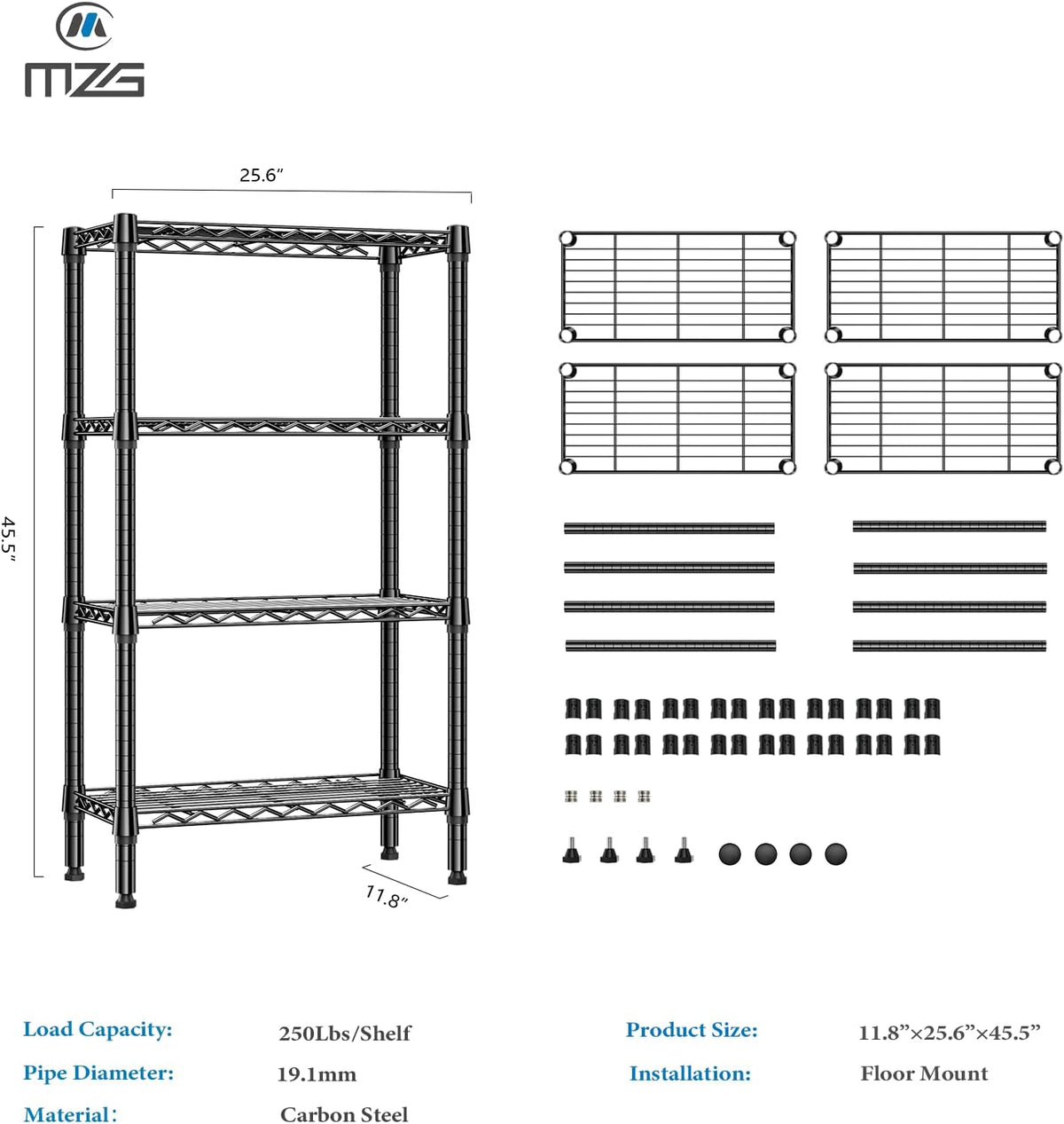 1000 lbs 4 Tier Shelf Metal Storage Shelves Wire Rack Closet Organizers for Garage Kitchen Bathroom Laundry Black 11.8" D x 25.6" W x 45.5" H