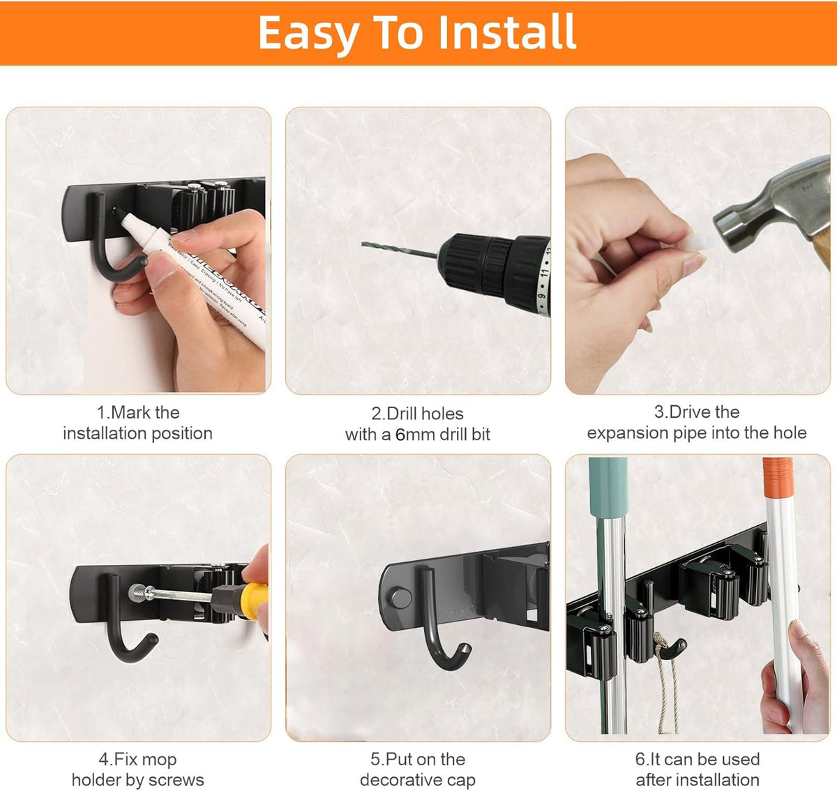 Mop and Broom Holder Wall Mount, Upgraded Broom Organizer Wall Mount, Stainless Steel Broom Hanger Wall Mount for Home Kitchen Garden Laundry Garage (5 Racks with 4 Hooks Black)