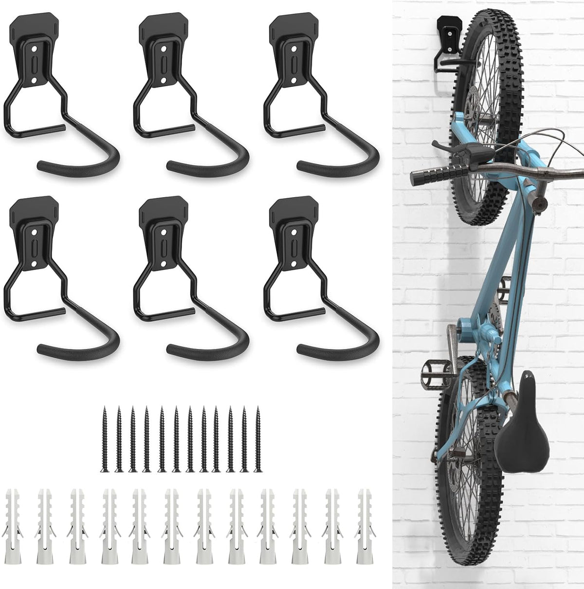 Bike Wall Mount with Fixed Hook, [6 Pack] Heavy Duty Bike Storage Rack, Bike Rack Vertical Stand for Garage - Easily Hang/Detach - with Screws Iron Bike Hanger Brackets