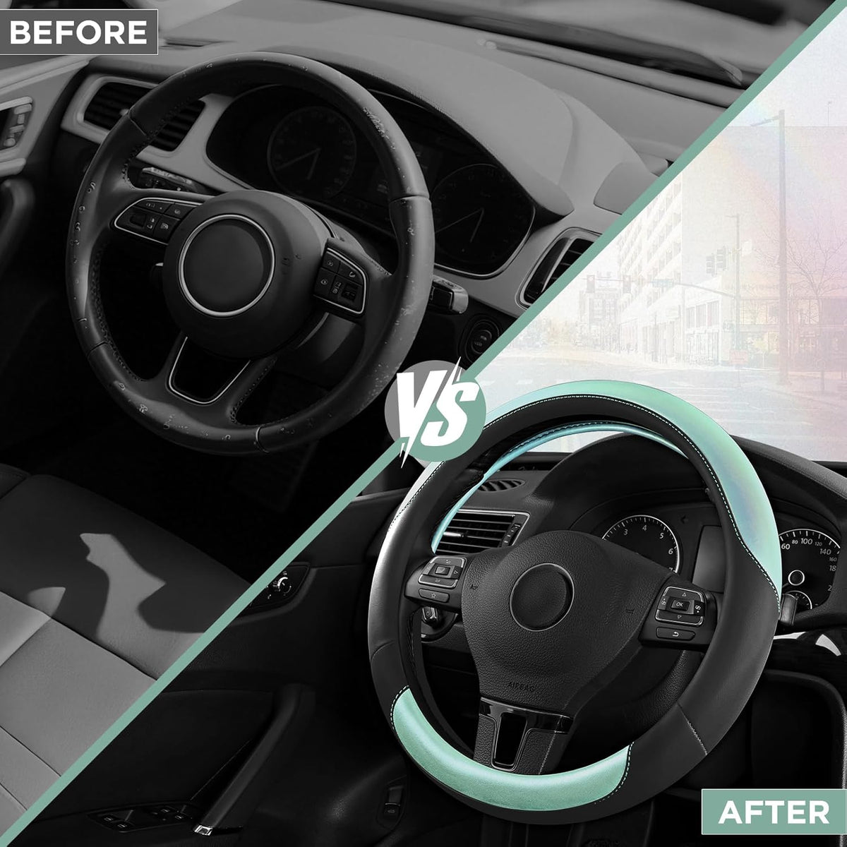 Road Comforts Steering Wheel Cover – Breathable Leather Steering Wheel Cover, Anti-Slip Grip, Universal Fit 14.5” to 15”, Heat & Cold Resistant for Cars, SUVs, and Trucks – Black & Light Blue