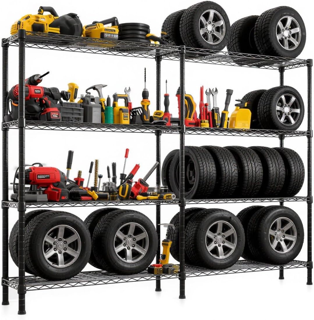 VINGLI 58" W Storage Shelves 1220LBS Heavy Duty Metal Shelving, Upgraded 4 Tier Garage Shelving Unit, Adjustable Wire Shelf for Storage Rack Commercial Pantry Shelf Organizer, 58" W × 13.8" D × 59" H