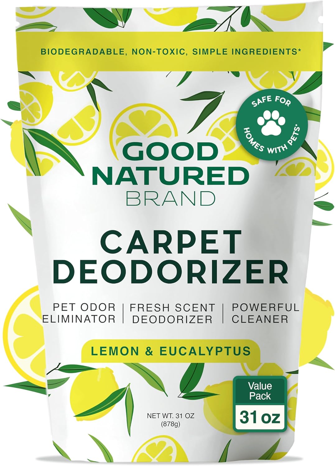 Good Natured Brand | Carpet Deodorizer & Freshener Powder | 31 oz Pet Odor Eliminator for Strong Odor & Pet Urine | Fresh Natural Lemon & Eucalyptus Scent | Safe for Homes with Pets