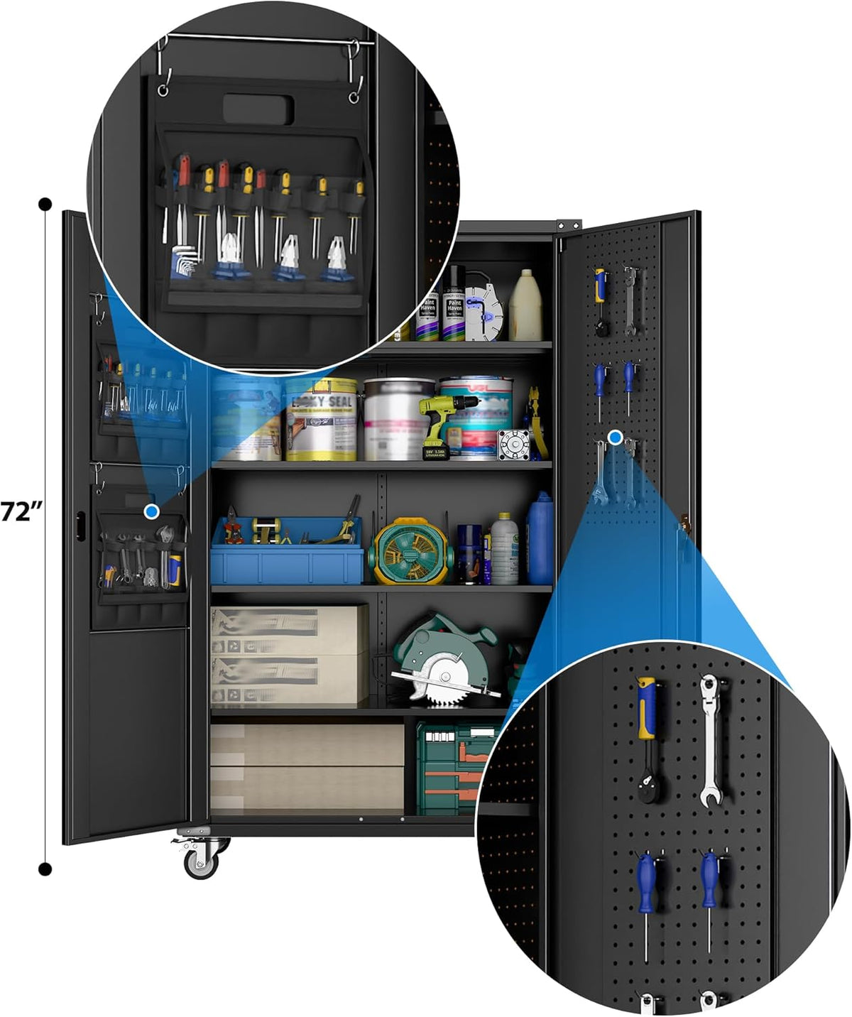 2025 Upgraded Wide & Deep Garage Storage Cabinet with Wheels, Lockable Metal Storage Cabinet with Pegboards and 9 Hooks, 2 Tool Pouches for Garage,4 Adjustable Shelves (Black,43''W x 22''D x 72''H)