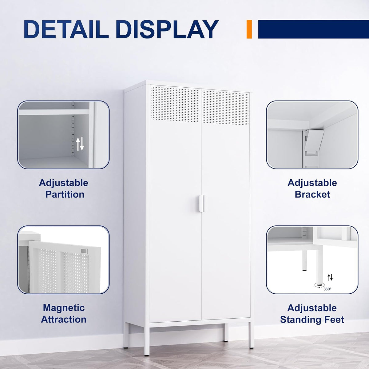 Metal Storage Cabinet with Adjustable Shelves, White, 61''H x 27.56''W 13.78''D, for Kitchen, Laundry Room, Home Office, Kids Room