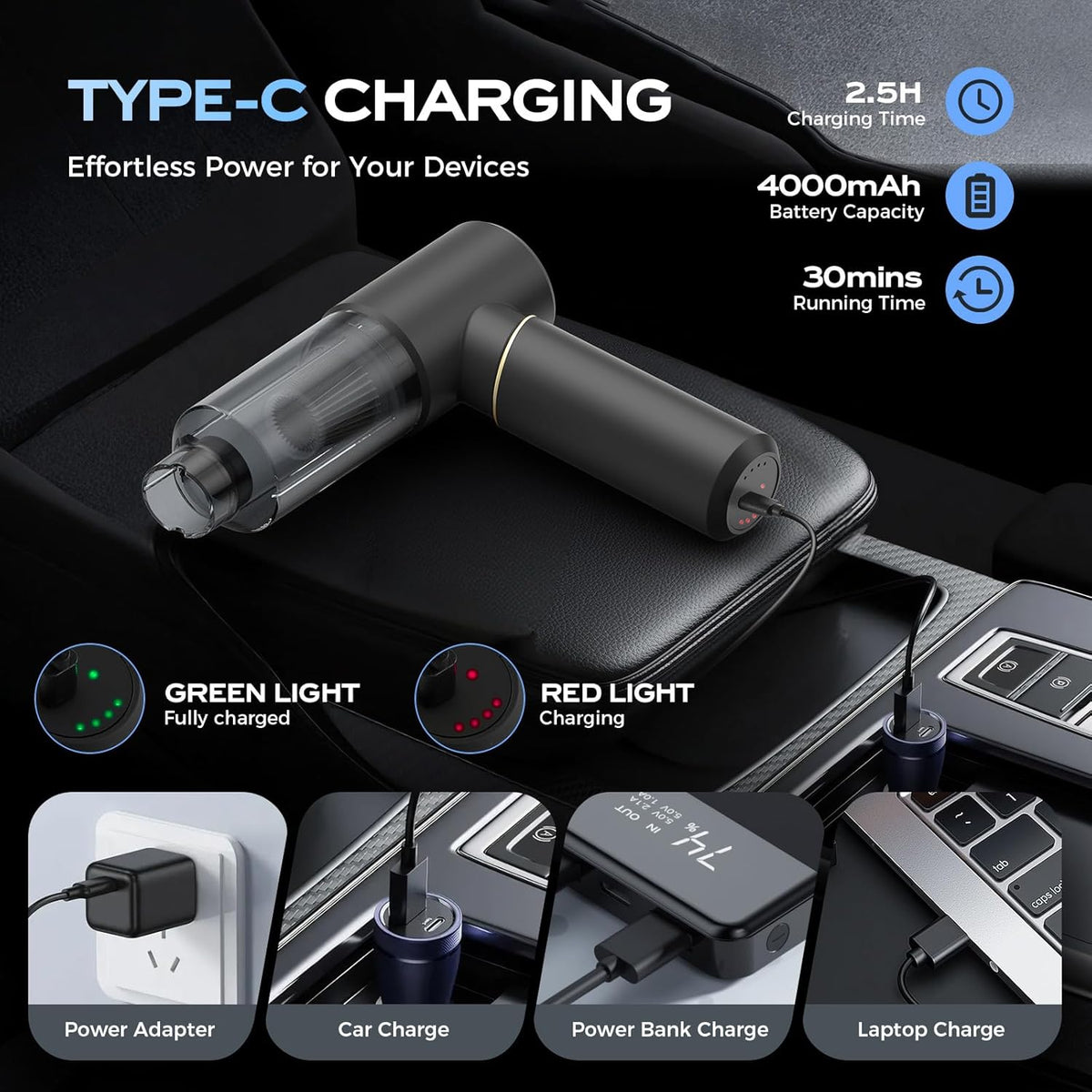 Car Vacuum Portable Cordless, Handheld Vacuum Cordless 15Kpa, Hand Vacuum Ultra-Quiet (75dB), 21min Runtime, Lightweight (1.25 lbs) for Car, Pet Hair, Home