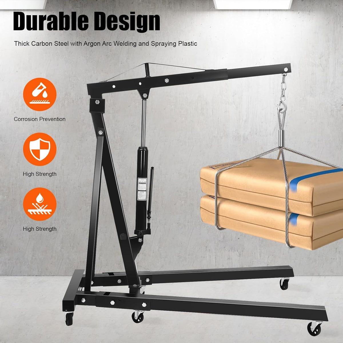 6.89Ft Folding Engine Lift 2 Ton Folding Cherry Picker Shop Crane Hoist Lift Engine Hoist with 6 Wheels Engine Crane Folding Engine Hoist for Car Fixing Workshops Garages (Black)