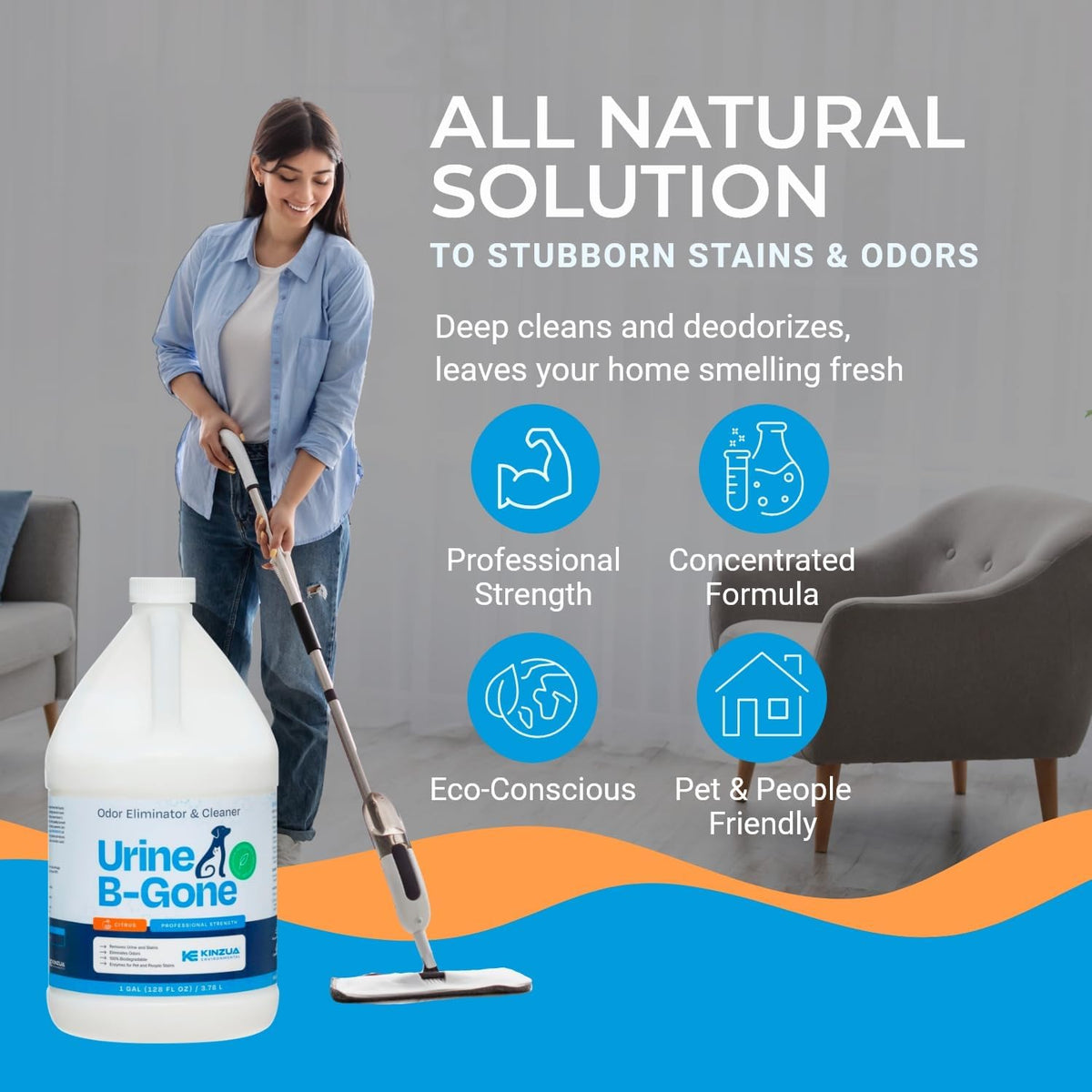 KINZUA ENVIRONMENTAL Urine B-Gone, Professional Enzyme Odor Eliminator & Pet Stain Remover, Human, Cat & Dog Urine Cleaner, Effective on Laundry, Carpets & More, Citrus Scent, 1 Gallon