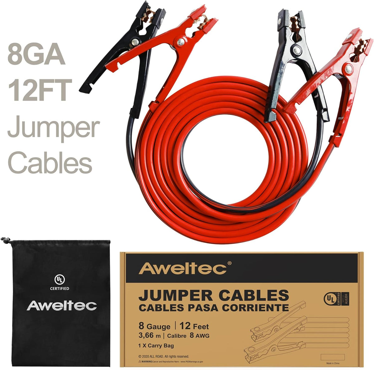 Jumper Cables for car, UL-Listed 8 Gauge 12 Feet Heavy Duty Booster Cables with Carry Bag (8AWG x 12Ft)