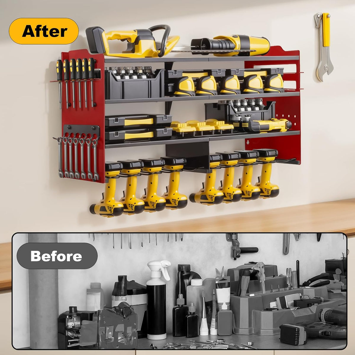 oviitech Power Tool Organizer Wall Mount, 8 Drill Holder Wall Mount Loads 400lbs, 4 Layer Heavy Duty Metal Power Tool Storage, Red, Utility Rack for Garage Workshop, Gifts for Men