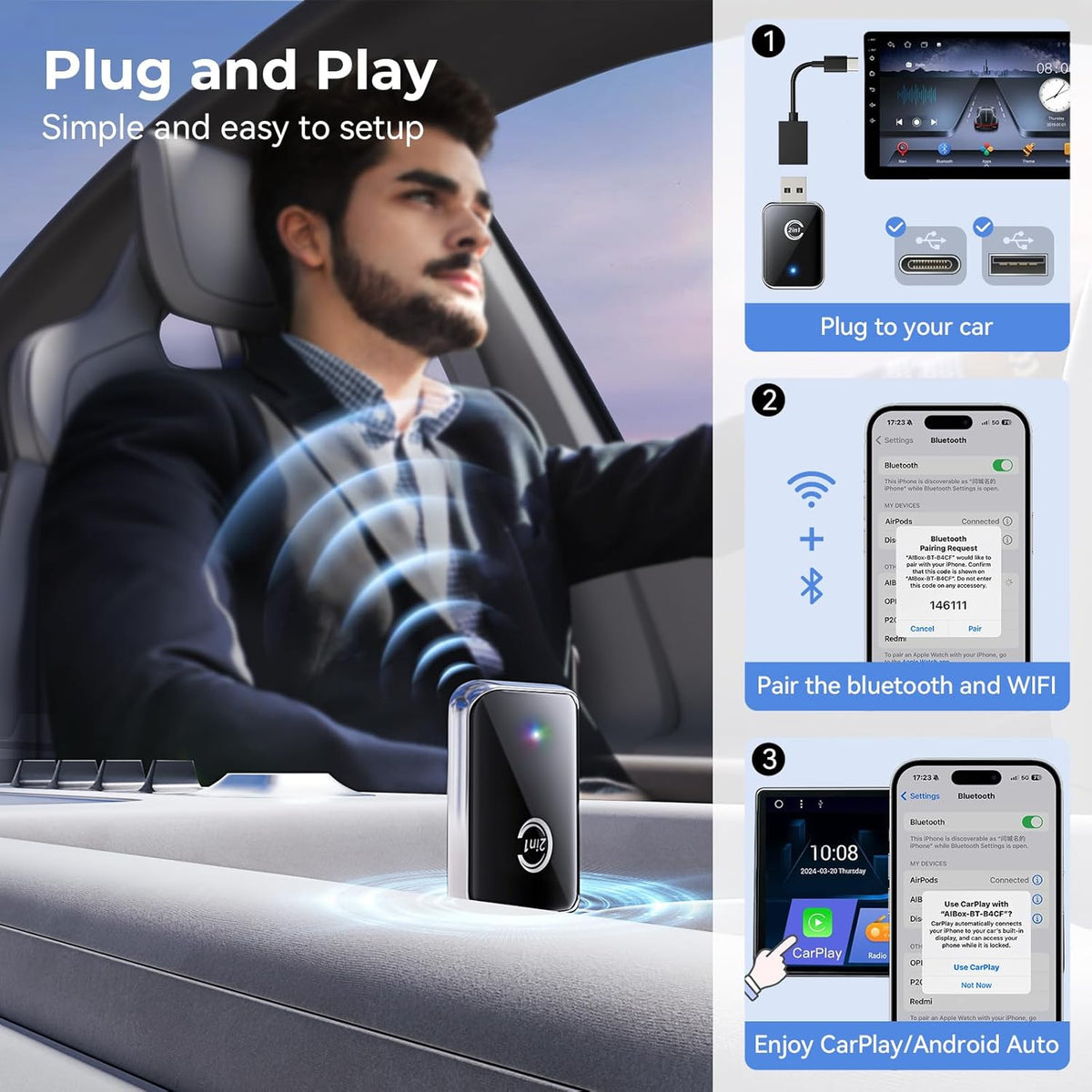 Wireless CarPlay Adapter for iPhone, Convert Wired CarPlay to Wireless, 2 in 1 Plug and Play Android Auto and Carplay for Cars with Built-in CarPlay, Support iOS 10 Android 11 and Above (Silver)