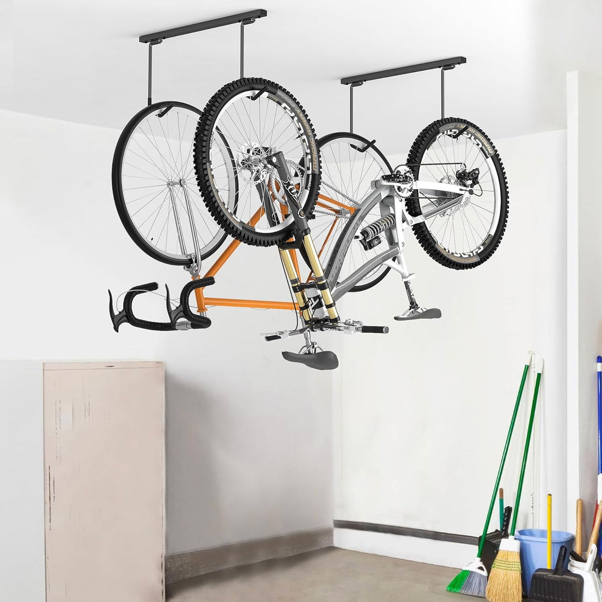 WALMANN Ceiling Mounted Bike Rack for Garage, Space-Saving Ceiling Bike Storage for 2 Bikes(Horizontally)/4 Bikes(Vertically), Adjustable Bike Hooks for Road Mountain Bikes