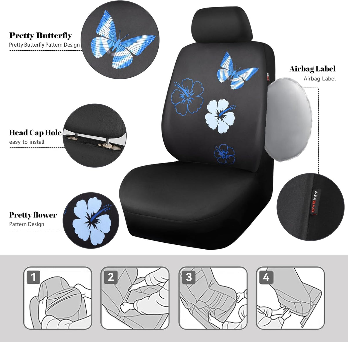 CAR PASS Blue Butterfly Car Seat Covers Full Set, Embroidered Flower Waterproof Car Floor Mats Carpet, Butterflies Steering Wheel Cover for Universal Car Accessories Interior Sets (Black and Blue)
