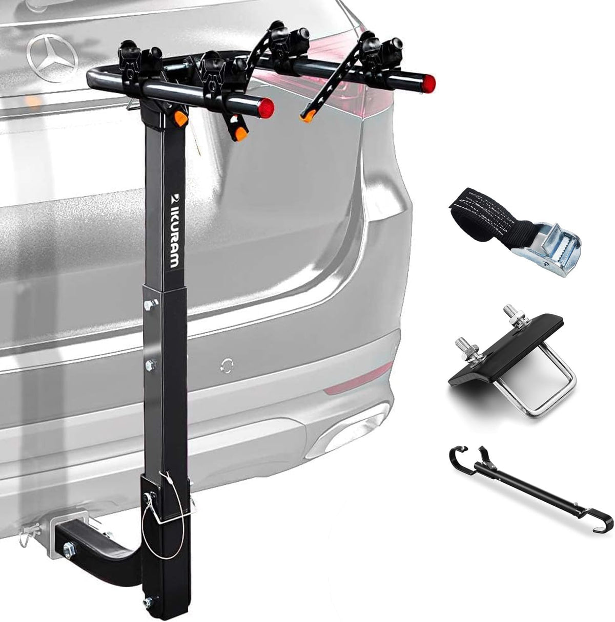 2 Bike Rack Bicycle Carrier Racks Hitch Mount Double Foldable Rack for Cars Truck SUV Fits 2" Receiver, Tie Down Strap, Anti-Rattle Hitch Tightener & Bicycle Cross-bar Adapter for Kid’s Bike
