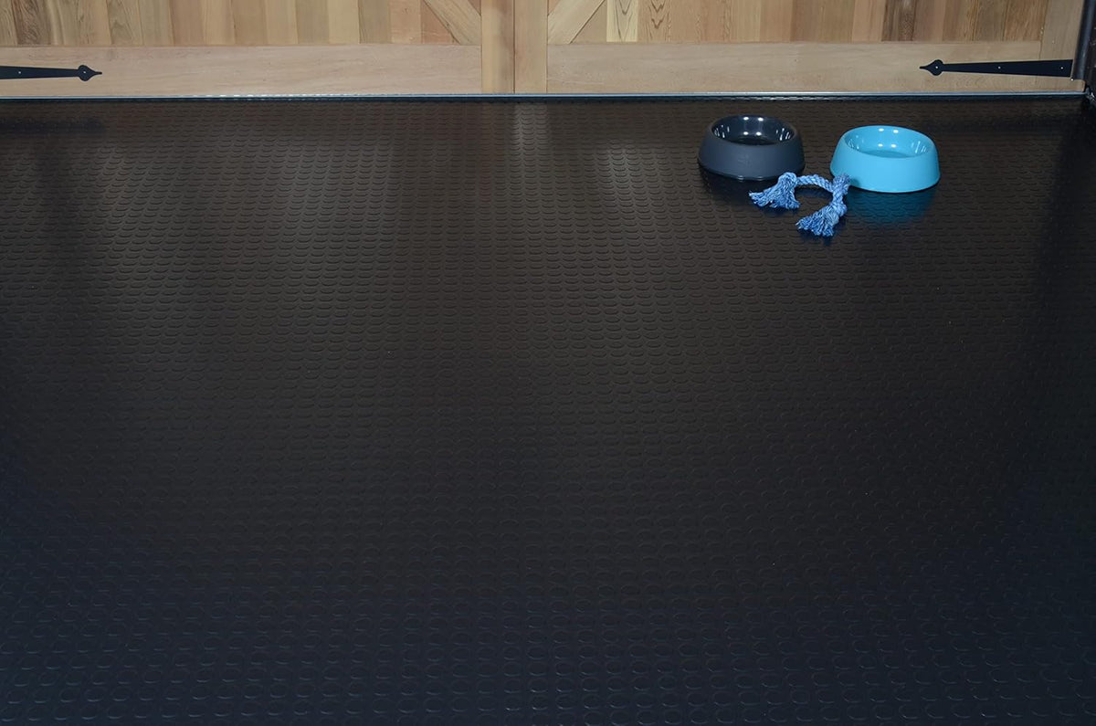 G-Floor Seamless Sheet Vinyl Shed Flooring Cover with Bonded Fibrous Backing - Coin Pattern (8' x 8', Midnight Black)