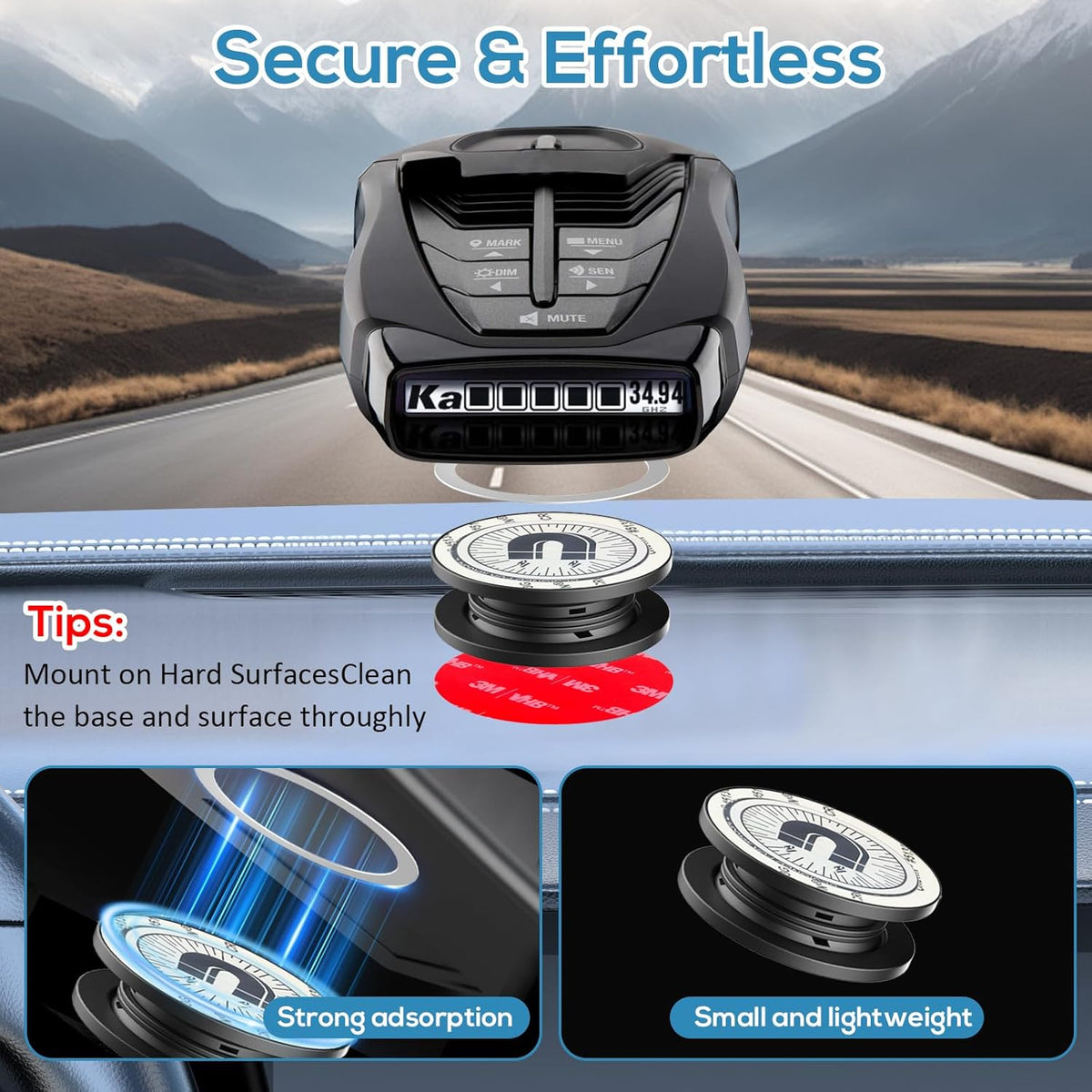 Magnetic Radar Detector Dashboard Mount - Adhesive Holder for Escort,Cobra，Uniden, Valentine One，All Radar Models - Anti-Vibration Stable Fit, Unobstructed View Design - Universal Car Accessory