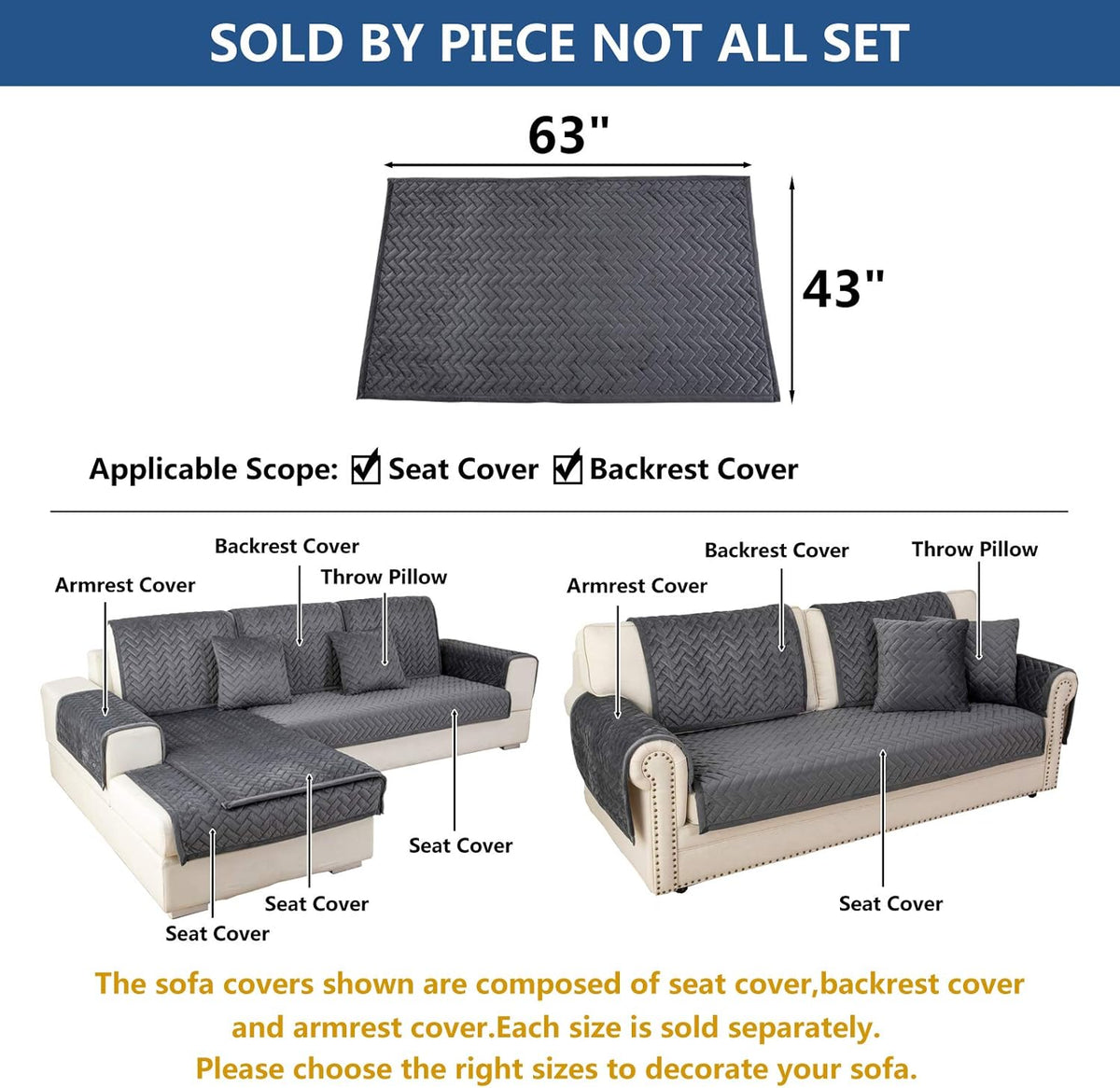 Eismodra Couch Cover,Sectional Couch Covers,Sofa Covers for 3 Cushion Couch,Anti-Slip Sofa Slipcovers for Dogs Cats Kids Loveseat Recliner L Shaped Armrest Backrest,Dark Gray 43''x63''(Only 1 Piece)